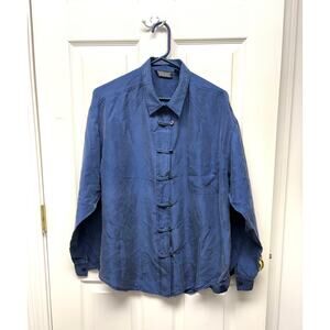 Manisha Men’s 100% Silk Shirt Blue Button Front Casual Relaxed Fit Size M